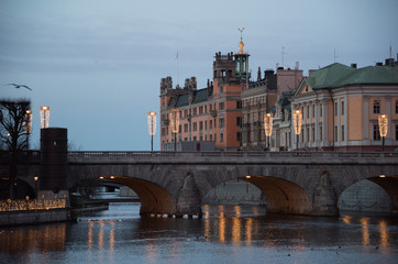 Government buildings at the river Strömmen in Stockholm a winter morning