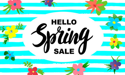 Spring season banner. Greeting card with inscription hello Spring sale and hand drawn watercolor flowers on blue strips. Modern design for posters, flyers, invitation, brochure, voucher discount