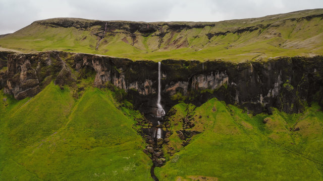 Panoramic landscape Foss a Sidu (Foss &aacute; Si&eth;u) waterfall, Kirkjub&aelig;jarklaustur, Iceland. Aerial view shot by drone camera.