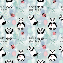 Seamless cute Panda bears with bamboo on light background.