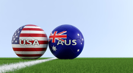 USA vs. Australia Soccer Match - Soccer balls in USA and Australia national colors on a soccer field. Copy space on the right side - 3D Rendering 