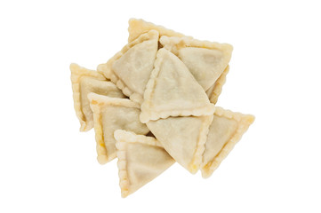 Heap of prepared vareniki with potato or cottage cheese or meat or cabbage isolated on white background. Clipping path - image