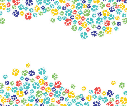 Vector abstract animal paw footprint pattern for veterinar design. Cat, dog pets colorful feet track template, frame with space text.