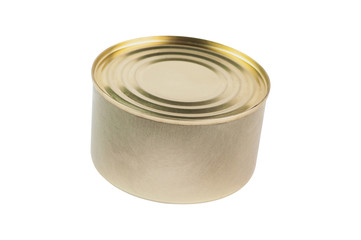 Closed metal can with canned food, fish, grain or meat isolated on white background without shadow