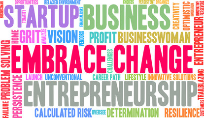 Embrace Change in Entrepreneurship Word Cloud on a white background. 