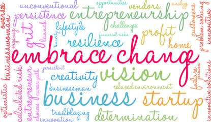 Embrace Change in Business Word Cloud on a white background. 