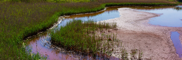 contaminated water and soil with iron oxides in the industrial zone. Ecological problem.