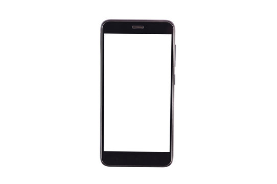 Single black smartphone with isolated blank white screen isolated on white background. Clipping path - image. Top view