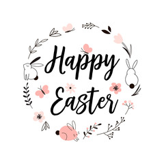 Typographic Happy Easter card with floral elements bunny and lettering formed in wreath. Vector Flat graphics. Perfect for Spring Easter design.