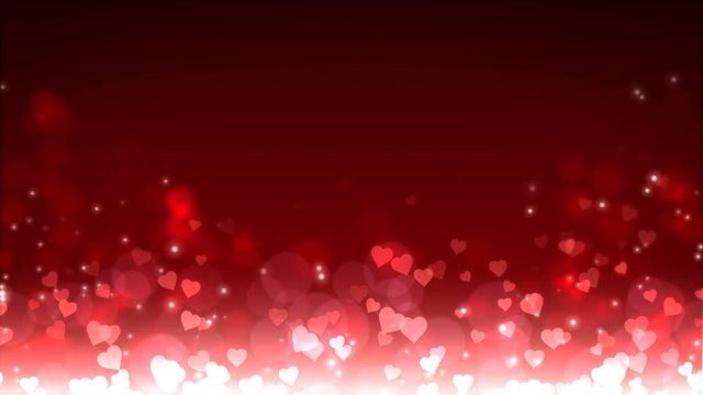 Glowing hearts appear on the shining rad background. Valentines Day holiday abstract loop animation.