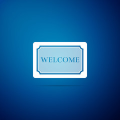 Doormat with the text Welcome icon isolated on blue background. Welcome mat sign. Flat design. Vector Illustration