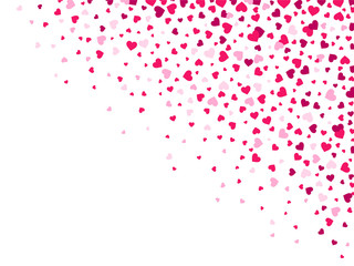 Love hearts. Falling loving hearts, lovely confetti splash scattering from top corner and romantic valentines vector background