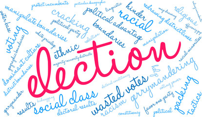 Election with Gerrymandering Word Cloud on a white background. 