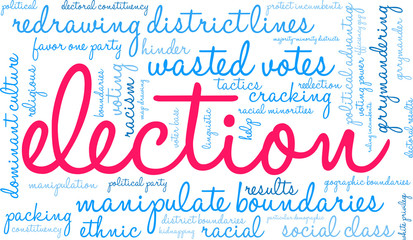 Election with Gerrymandering Word Cloud on a white background. 