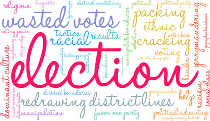 Election with Gerrymandering Word Cloud on a white background. 
