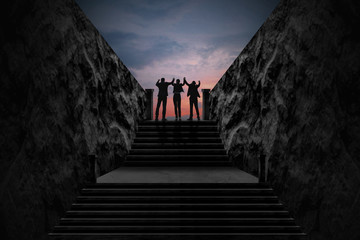 Success and teamwork concept, business people in suit standing on top of stair and looking over sky