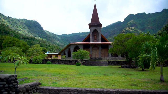 Church building remote Vaitahu on Tahuata Island Marquesas