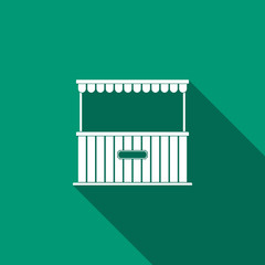 Street stall with awning and wooden rack icon isolated with long shadow. Kiosk with wooden rack. Flat design. Vector Illustration
