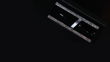 Fototapeta premium Office desk table with pen. Top view with copy space - business concept