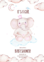 Watercolor it is girl baby shower with cute elephant