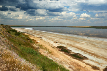 Fototapeta premium Beautiful summer landscape - wildflowers, lake and beautiful sky.