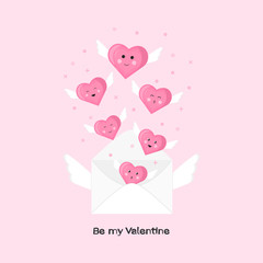 Vector illustration with letter, funny hearts and inscription "Be my Valentine". For invitations, Valentine or wedding greeting cards, template for poster, banner, decoration design, t-shirt print.