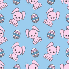 Seamless pattern dedicated to Easter with the image of rabbits and painted eggs. Colorful illustration.