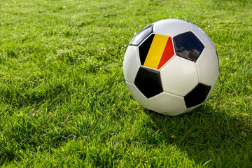 Football on a grass pitch with Belgium Flag.