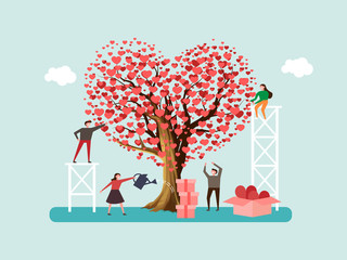 Volunteers grown tree of love and send out care, hearts to people. Team help charity and sharing hope. Valentine's day. - 243122189