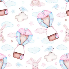 Wallpaper murals Rabbit Watercolor seamless pattern with hot air balloon bunny