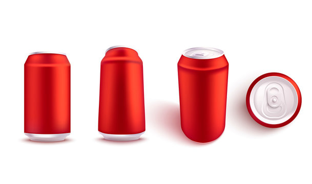 Vector illustration mockup set of blank red aluminum soda or beer can from different angles in realistic 3d style - isolated empty metallic pack for alcohol or fizzy drink branding and advertising.
