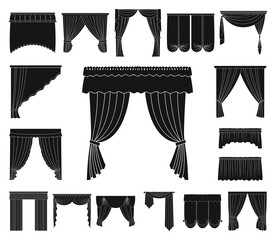 Different kinds of curtains black icons in set collection for design. Curtains and lambrequins vector symbol stock web illustration.