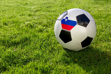 Football on a grass pitch with Slovenia Flag