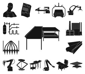 Equipment and machine black icons in set collection for design.Technical progress of the factory vector symbol stock web illustration.