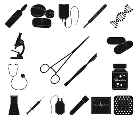 Medicine and treatment black icons in set collection for design. Medicine and equipment vector symbol stock web illustration.