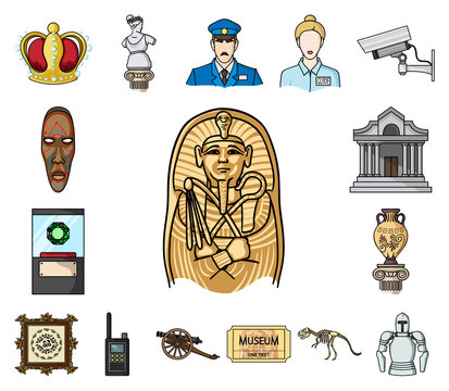Museum and gallery cartoon icons in set collection for design. Storage and exhibition of showpiece vector symbol stock web illustration.