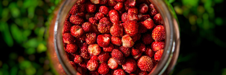 glass jar of freshly picked strawberries.