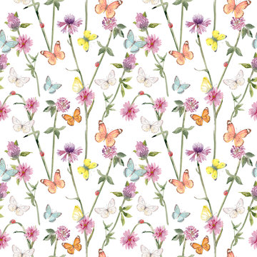 graceful seamless texture with ladybugs on meadow flowers and flying butterflies. watercolor painting