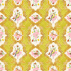 Naklejka premium fancy seamless texture with gold floral scroll filigree and birds. watercolor painting