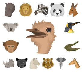 Wild animal cartoon icons in set collection for design. Mammal and bird vector symbol stock web illustration.