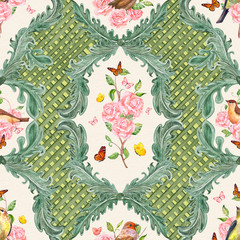 Naklejka premium elegant seamless texture with natural floral scroll filigree and butterflies. watercolor painting