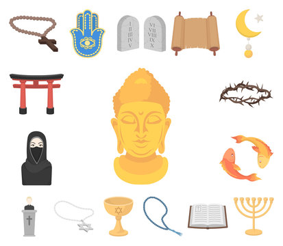 Religion and belief cartoon icons in set collection for design. Accessories, prayer vector symbol stock web illustration.