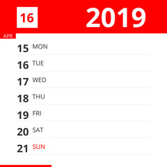 Calendar planner for Week 16 in 2019, ends April 21, 2019 .