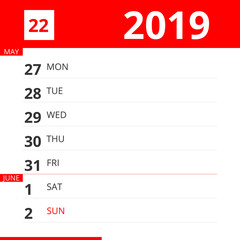 Calendar planner for Week 22 in 2019, ends June 2, 2019 .