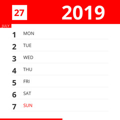 Calendar planner for Week 27 in 2019, ends July 7, 2019 .