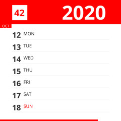 Calendar planner for Week 42 in 2020, ends October 18, 2020 .