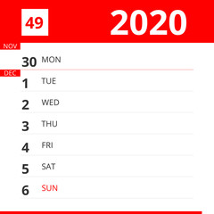 Calendar planner for Week 49 in 2020, ends December 6, 2020 .