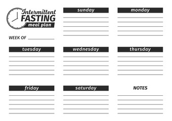Template for the creation of the food menu. Vector illustration. Seven-day horizontal meal plan of Intermittent fasting.