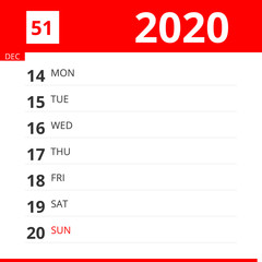 Calendar planner for Week 51 in 2020, ends December 20, 2020 .