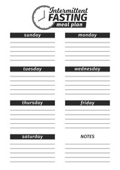 Template for the creation of the food menu. Vector illustration. Seven-day vertical meal plan of Intermittent fasting.